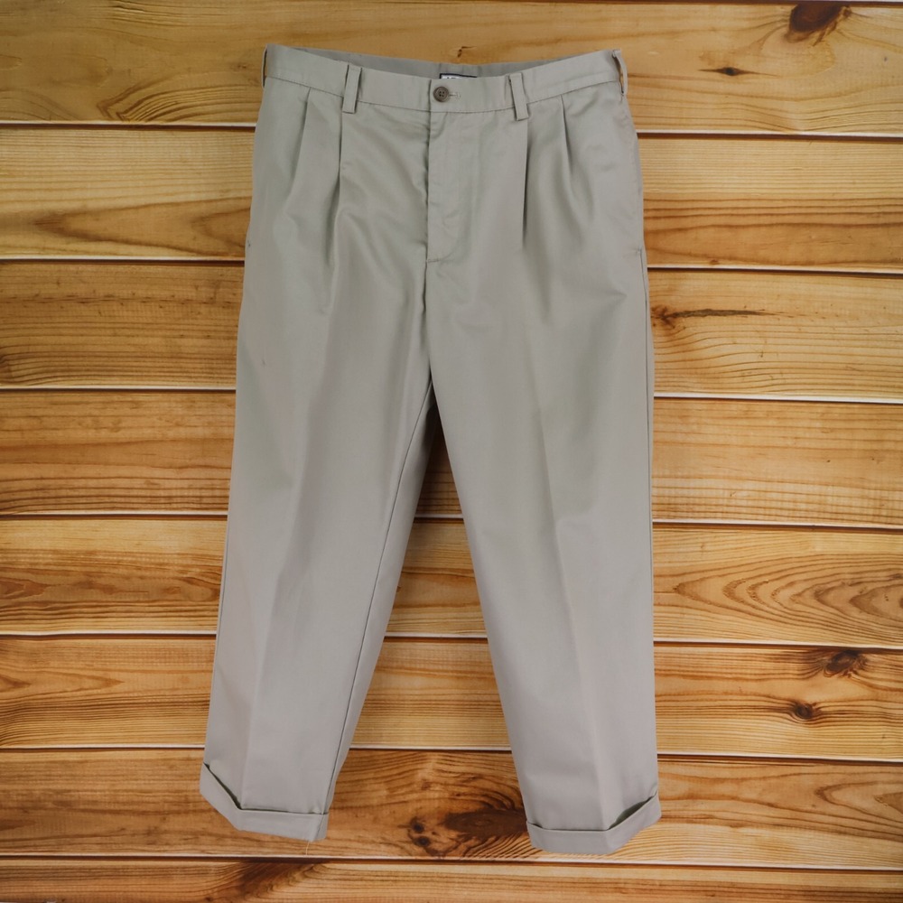 IZOD Pants Pleated Front Cuffed Straight Leg‎ Mens 36 Beige 100% Cotton Pockets